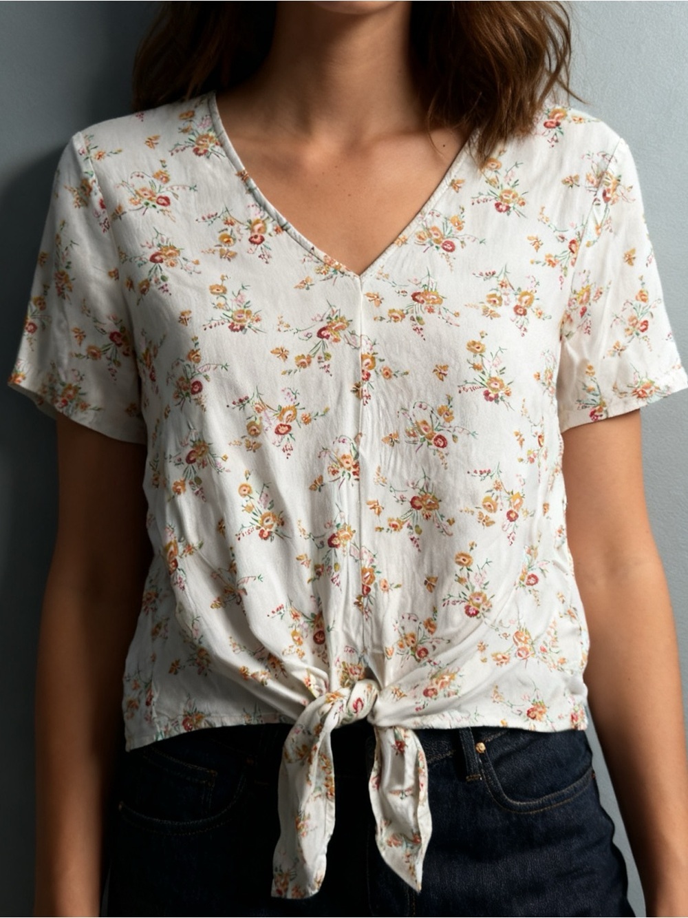 Madewell Novel Tie Front Floral V-Neck Blouse Cream Size S